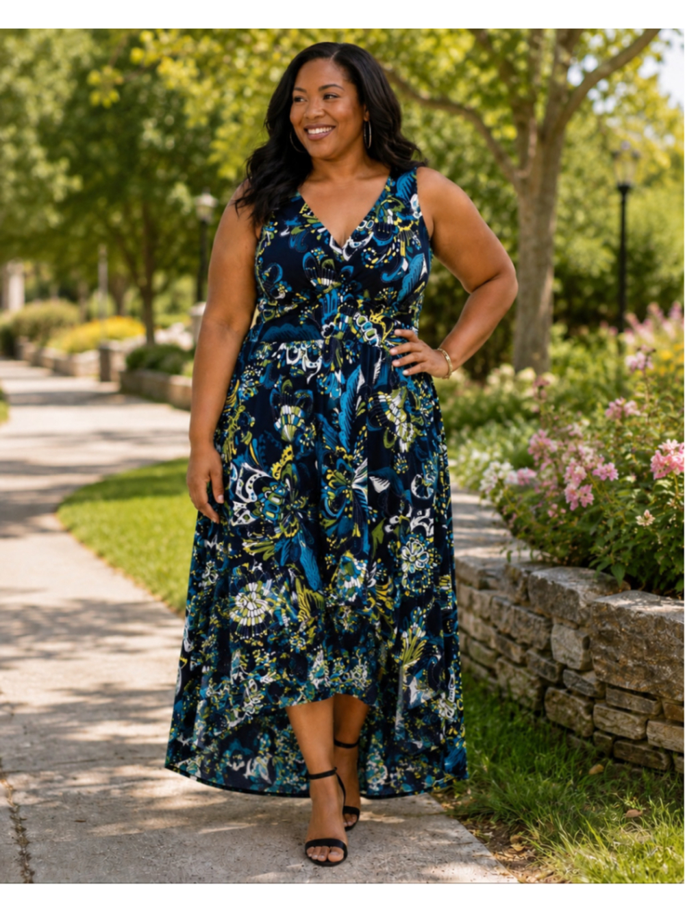 Ashley Stewart Women Navy Blue Green Yellow Floral High Low Maxi Dress Plus 2X